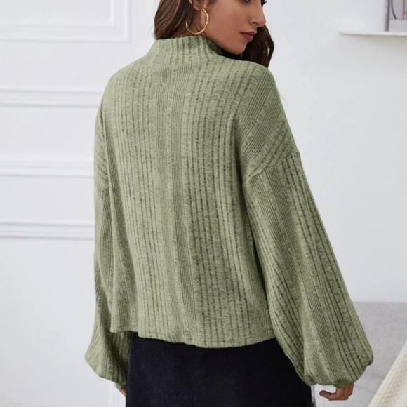 Mockneck ribbed knit lantern sleeve top burgundy red cozy - Picture 6 of 10